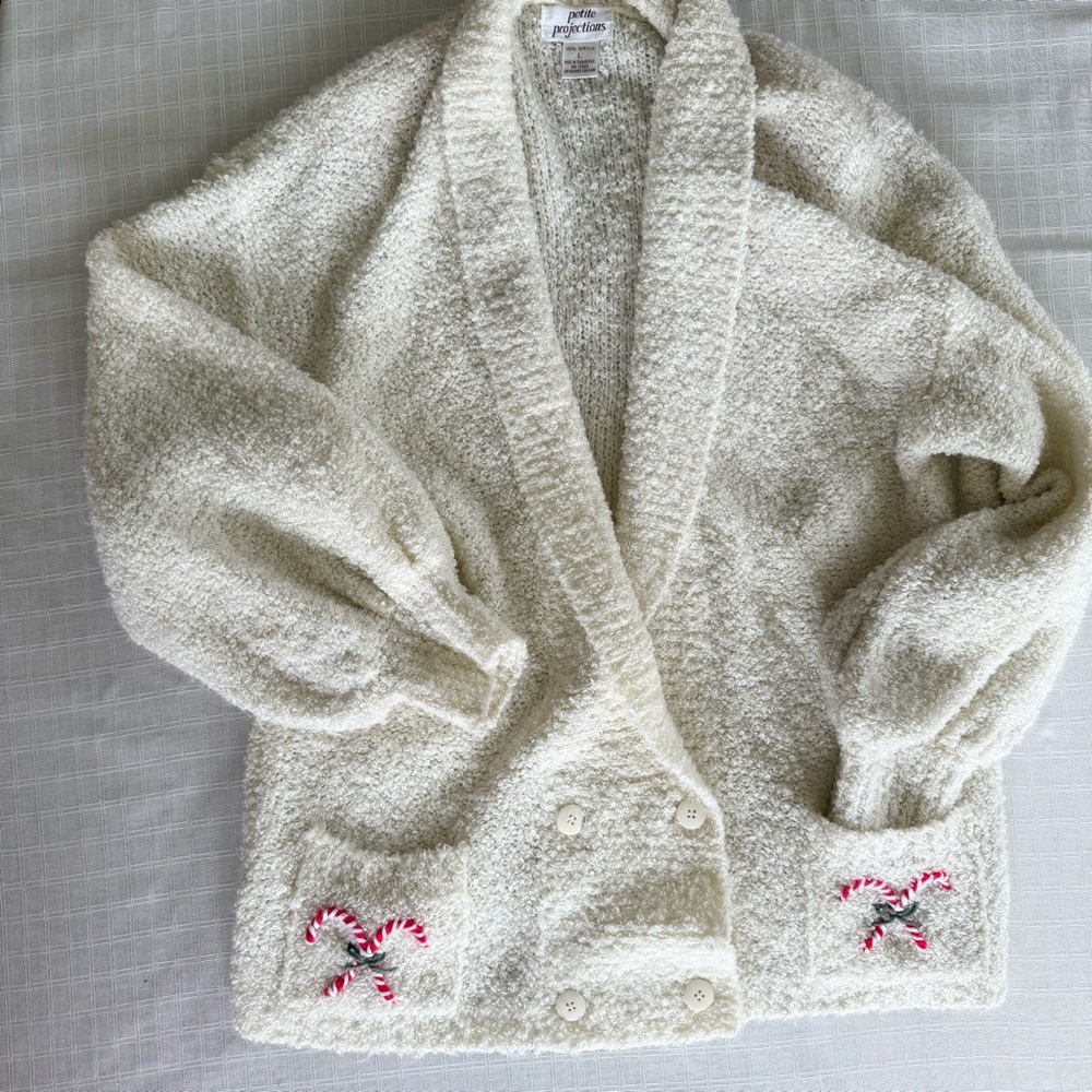 Cozy Cream Sweater with Candy Cane Embroidery